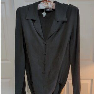 DKNY Women's 100% Silk Black Bodysuit With Covered Buttons, Size 6, EUC